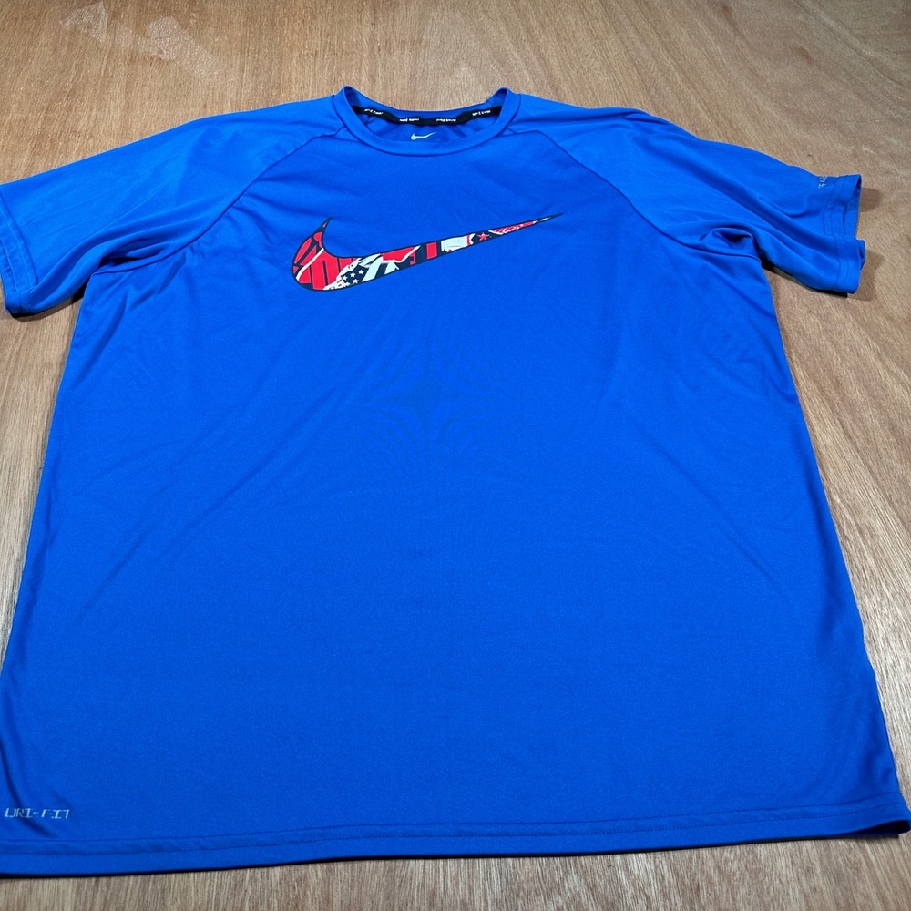 Nike Swim Rash Guard Men XL Blue Americana Swoosh Dri-FIT Short Sleeve